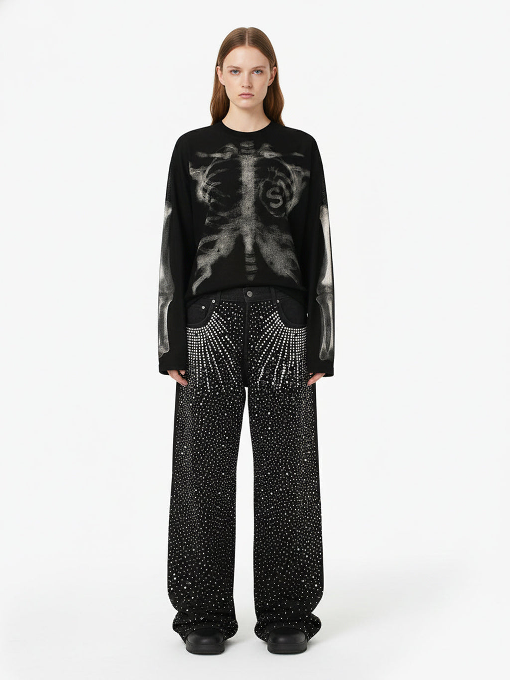 Skeleton Graphic Waffle Sweatshirt - 2495