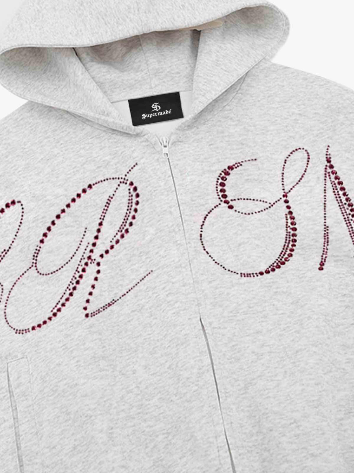 Street Hip-Hop Rhinestone Cropped Zip Up Hoodie