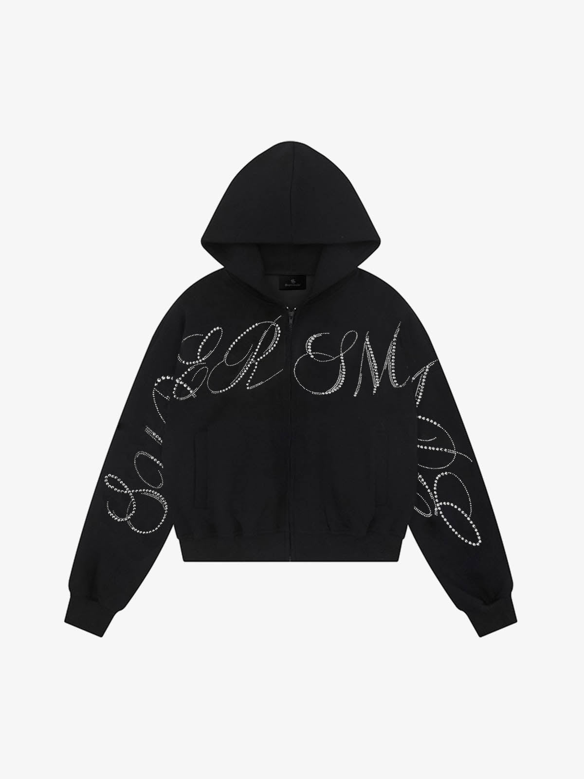 Street Hip-Hop Rhinestone Cropped Zip Up Hoodie