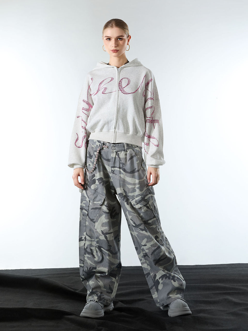 Street Hip-Hop Rhinestone Cropped Zip Up Hoodie