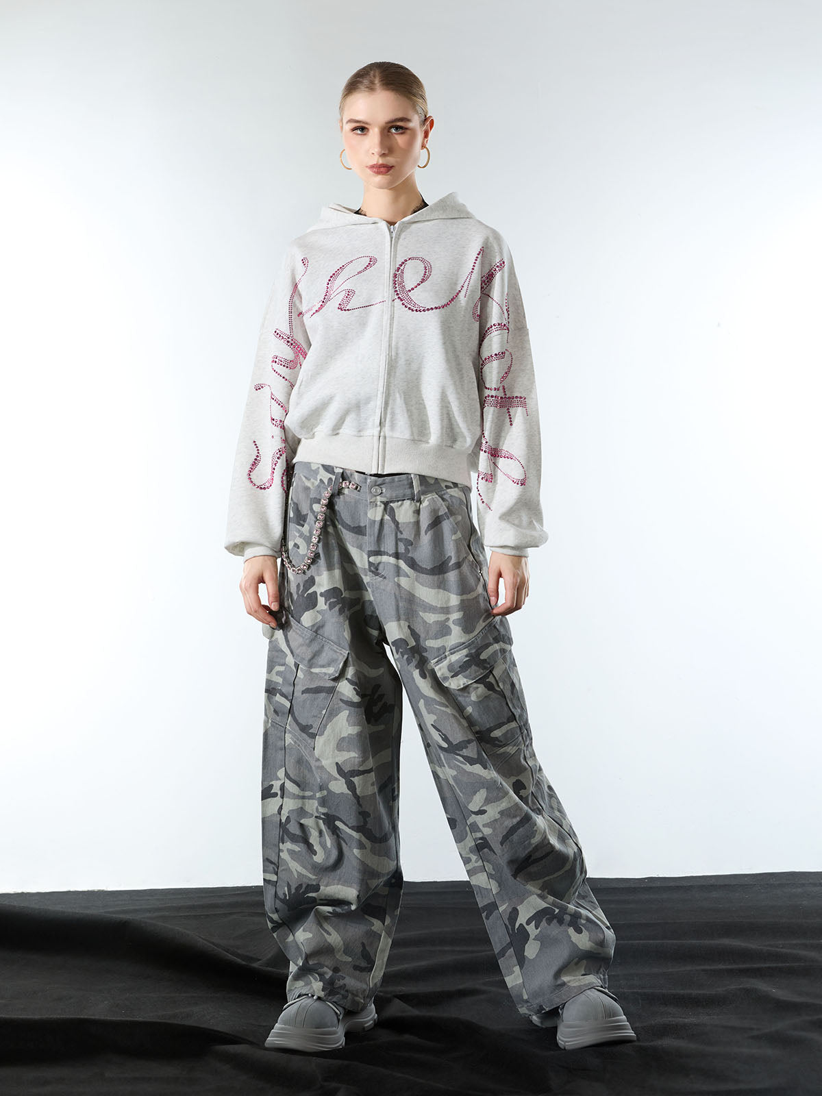 Street Hip-Hop Rhinestone Cropped Zip Up Hoodie