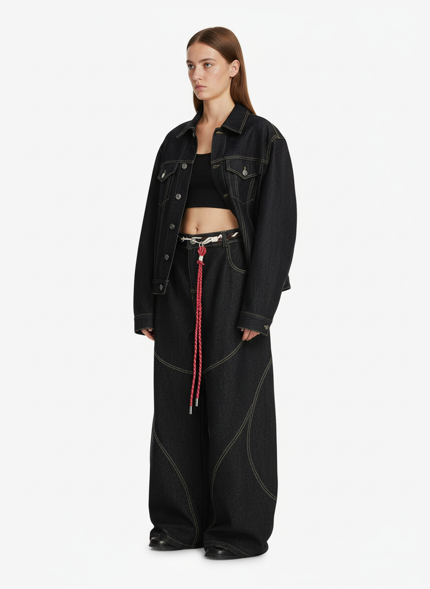 Denim Retro Belt Detail With Patchwork Barrel Jeans - 2490