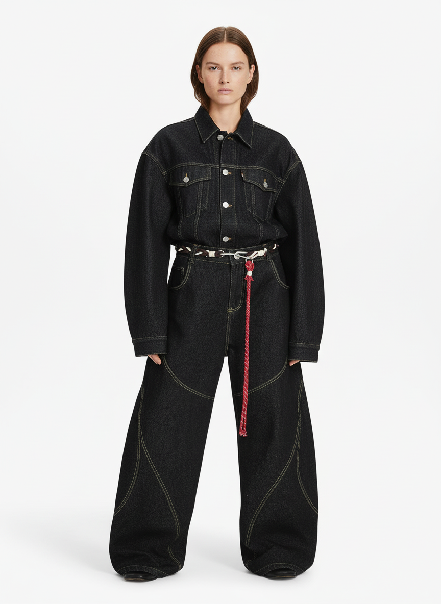 Denim Retro Belt Detail With Patchwork Barrel Jeans - 2490