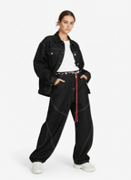 Denim Retro Belt Detail With Patchwork Barrel Jeans - 2490