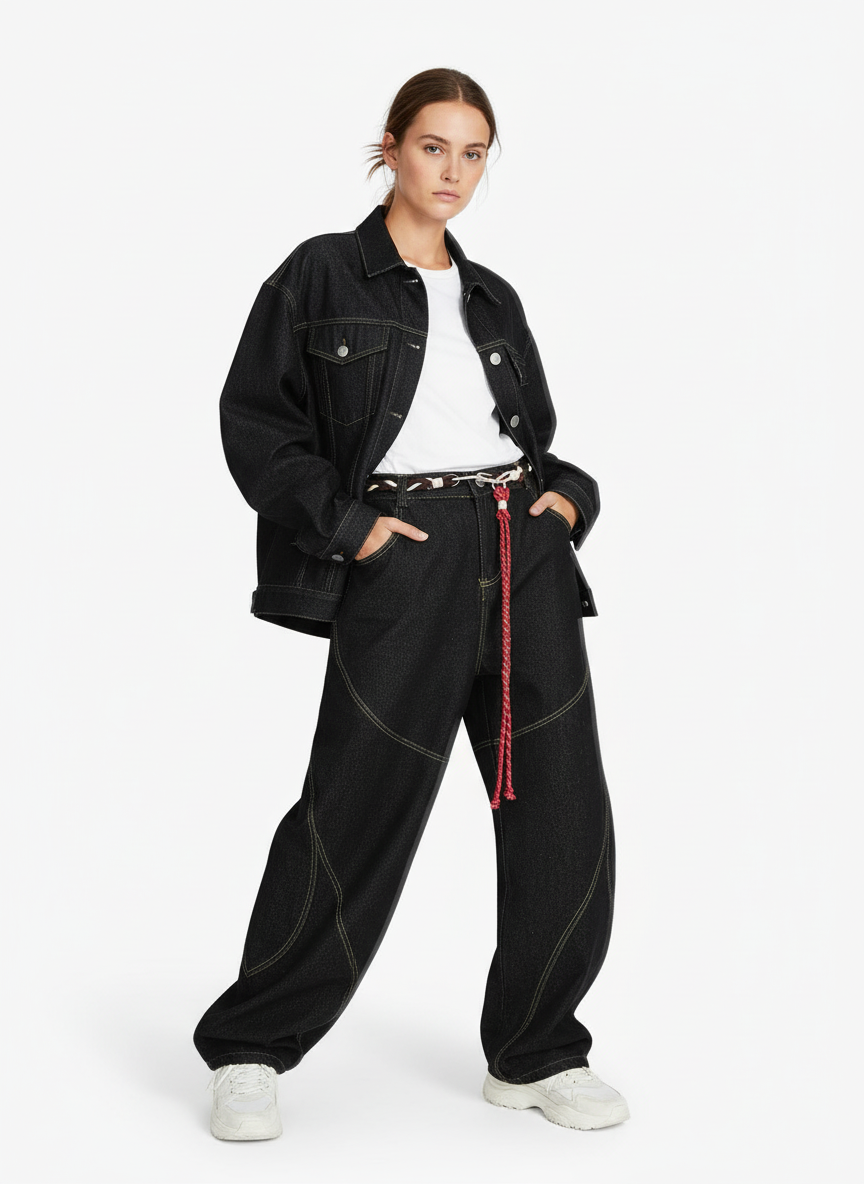 Denim Retro Belt Detail With Patchwork Barrel Jeans - 2490