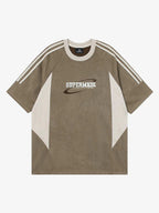 Suede Contrast Color Spliced Letter Embroidery Oversize T-shirt - 2462