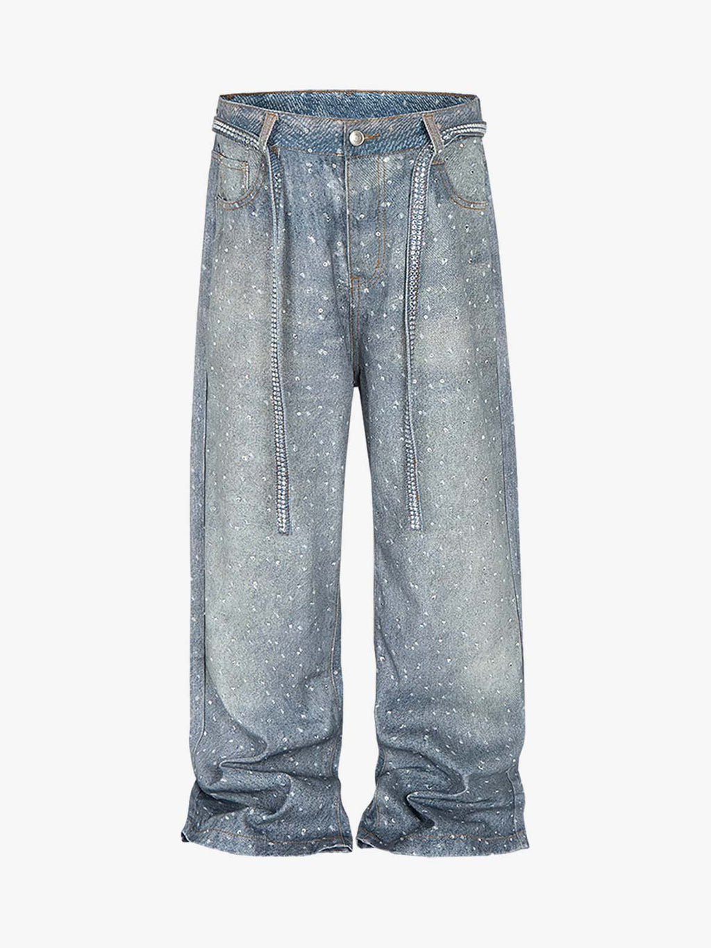 Denim Distressed Belt Diamond Decorated Jeans