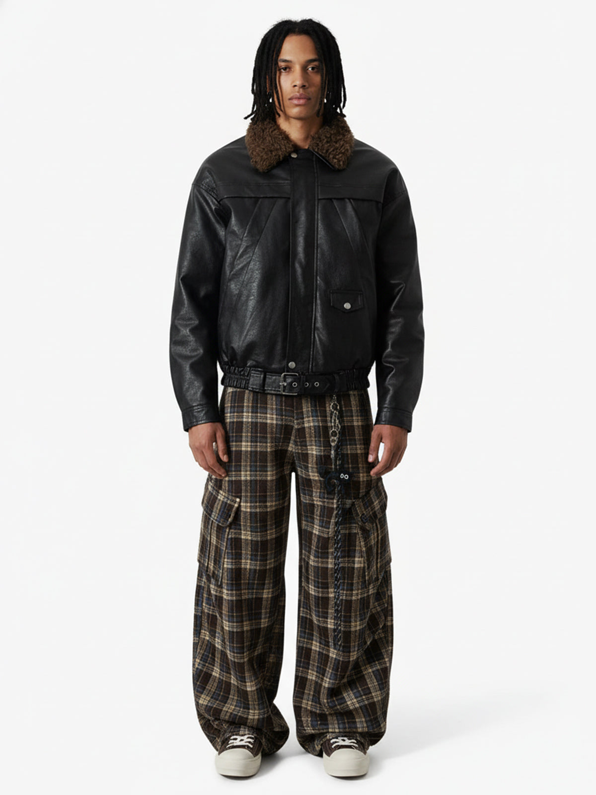 Vintage Plaid Pleated Multi-Pocket Cargo Casual Pants - 2524