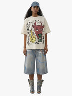 Waffle Knit Graffiti Devil Graphic Oversized T-Shirt