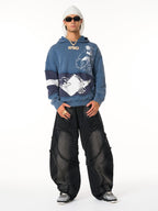 Washed Distressed Raw Edge Barrel Jeans - 2402