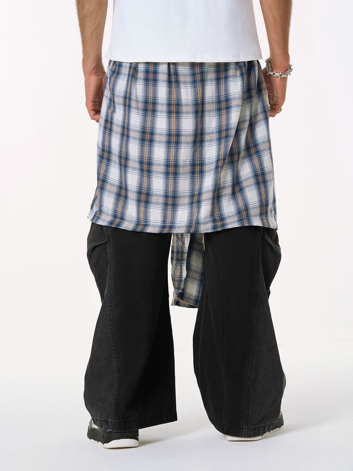 Denim Faux Two-piece Plaid Detachable Scimitar Jeans - 2435