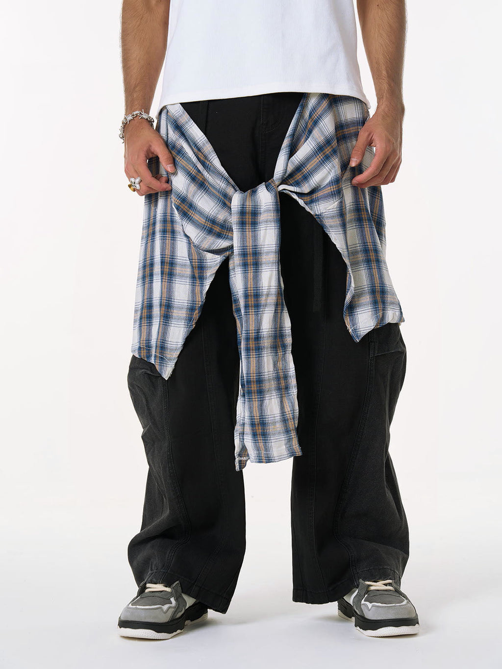Denim Faux Two-piece Plaid Detachable Scimitar Jeans - 2435