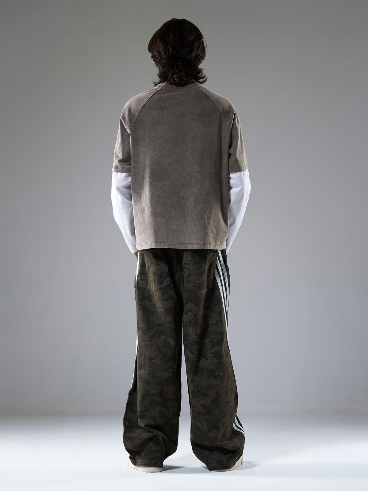 Washed Stripe Patchwork Totem Print Baggy Jeans
