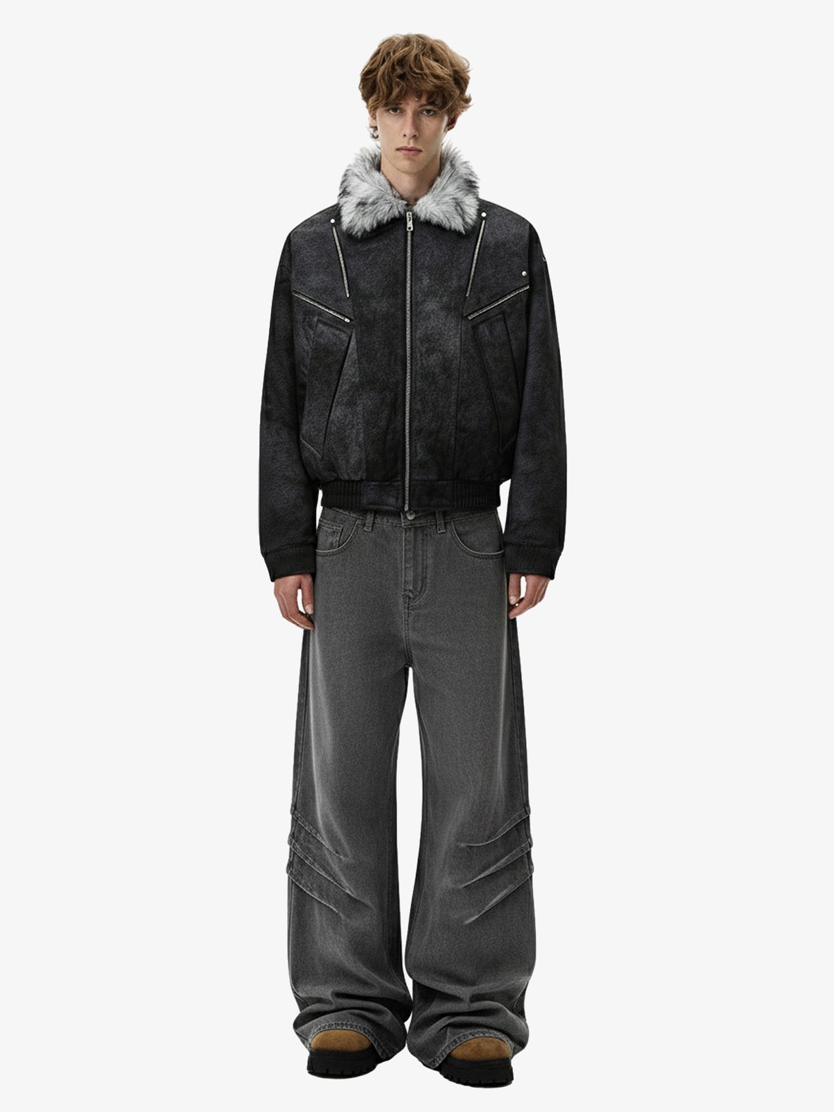 Fur Collar Moto-Style Zip Up Bomber Jacket