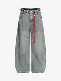 Denim Retro Belt Detail With Patchwork Barrel Jeans - 2490