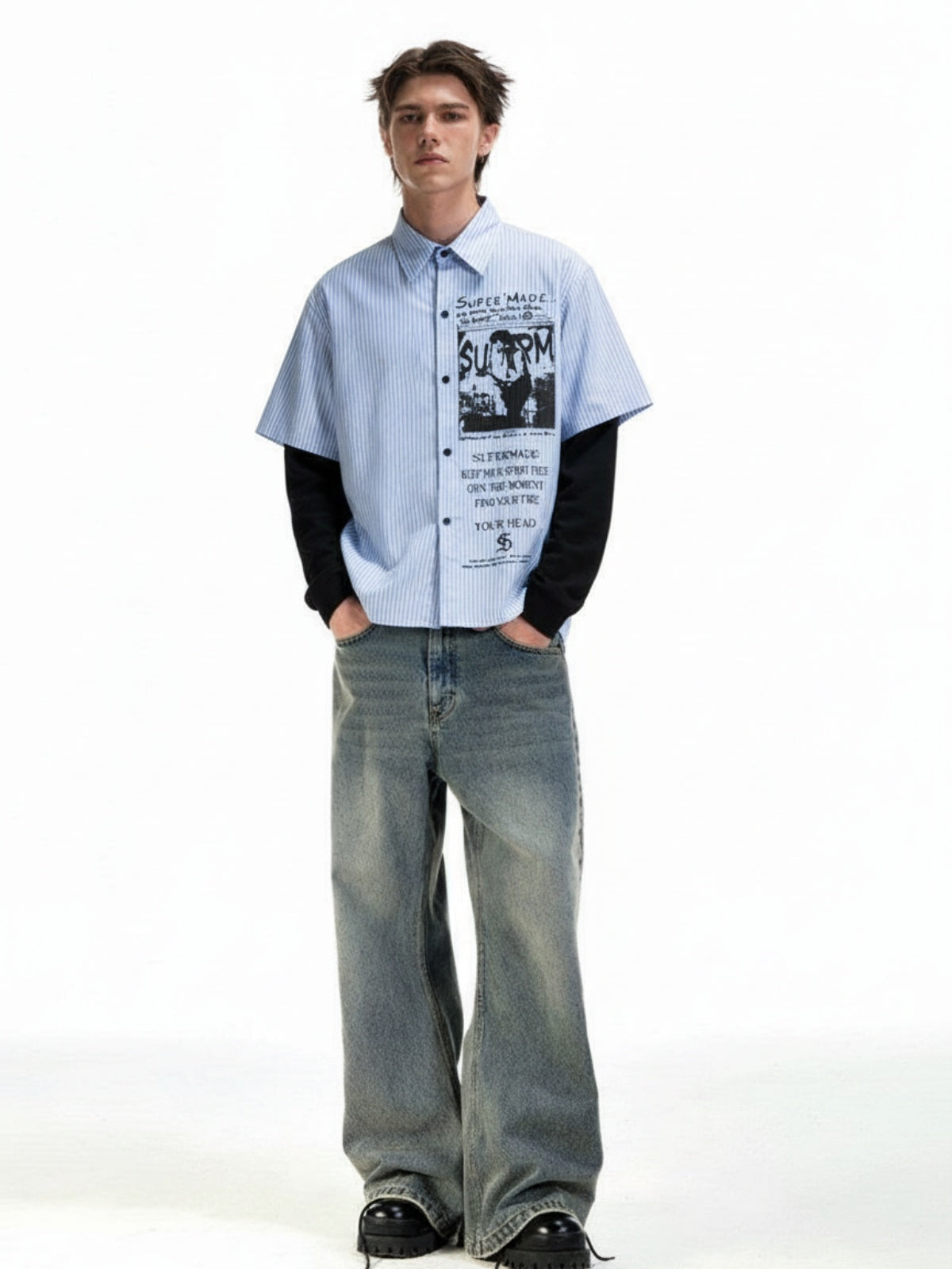 Vintage Illustration Striped Faux Two-Piece Shirt