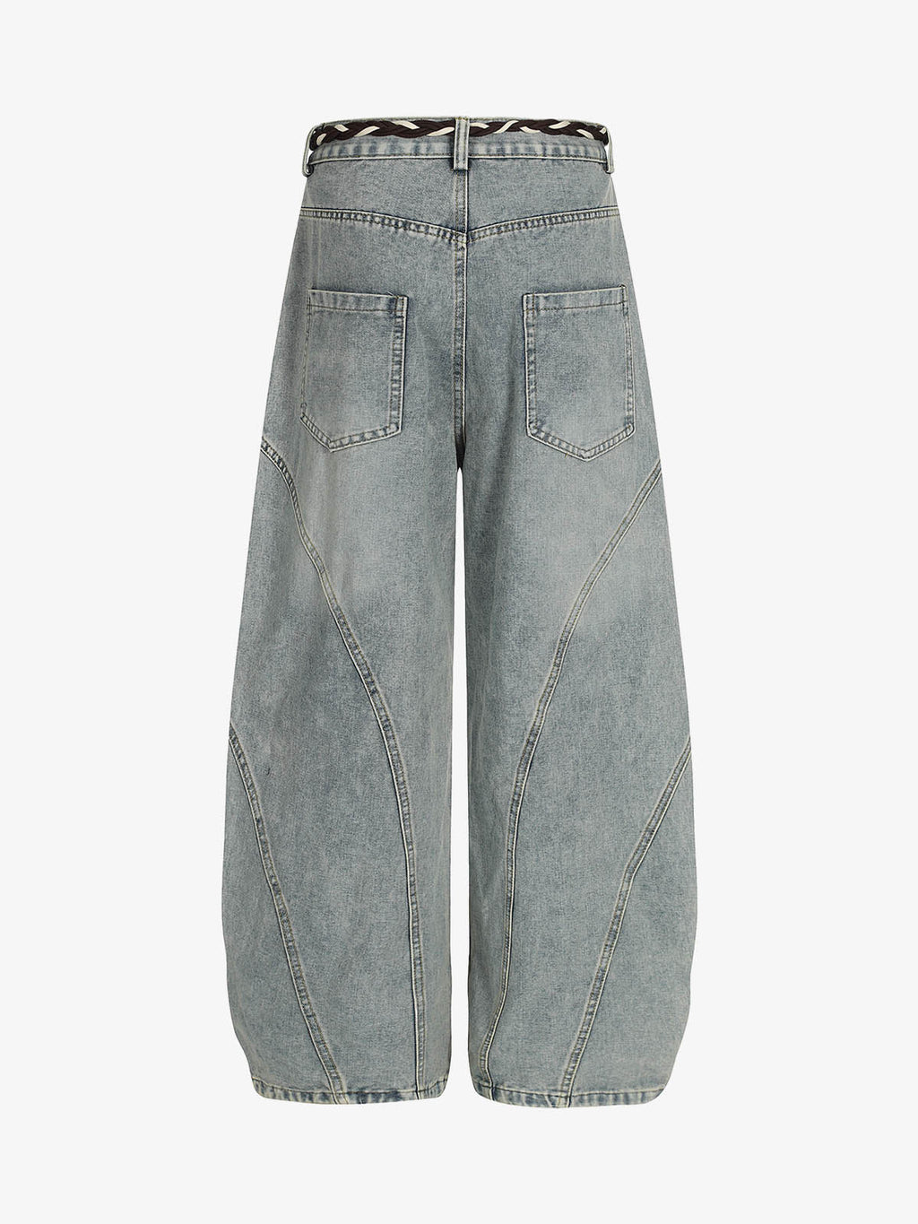 Denim Retro Belt Detail With Patchwork Barrel Jeans - 2490