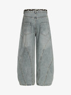 Denim Retro Belt Detail With Patchwork Barrel Jeans - 2490