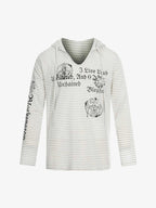 Graphic Print and V-Neck Striped Long Sleeve Hooded T-Shirt