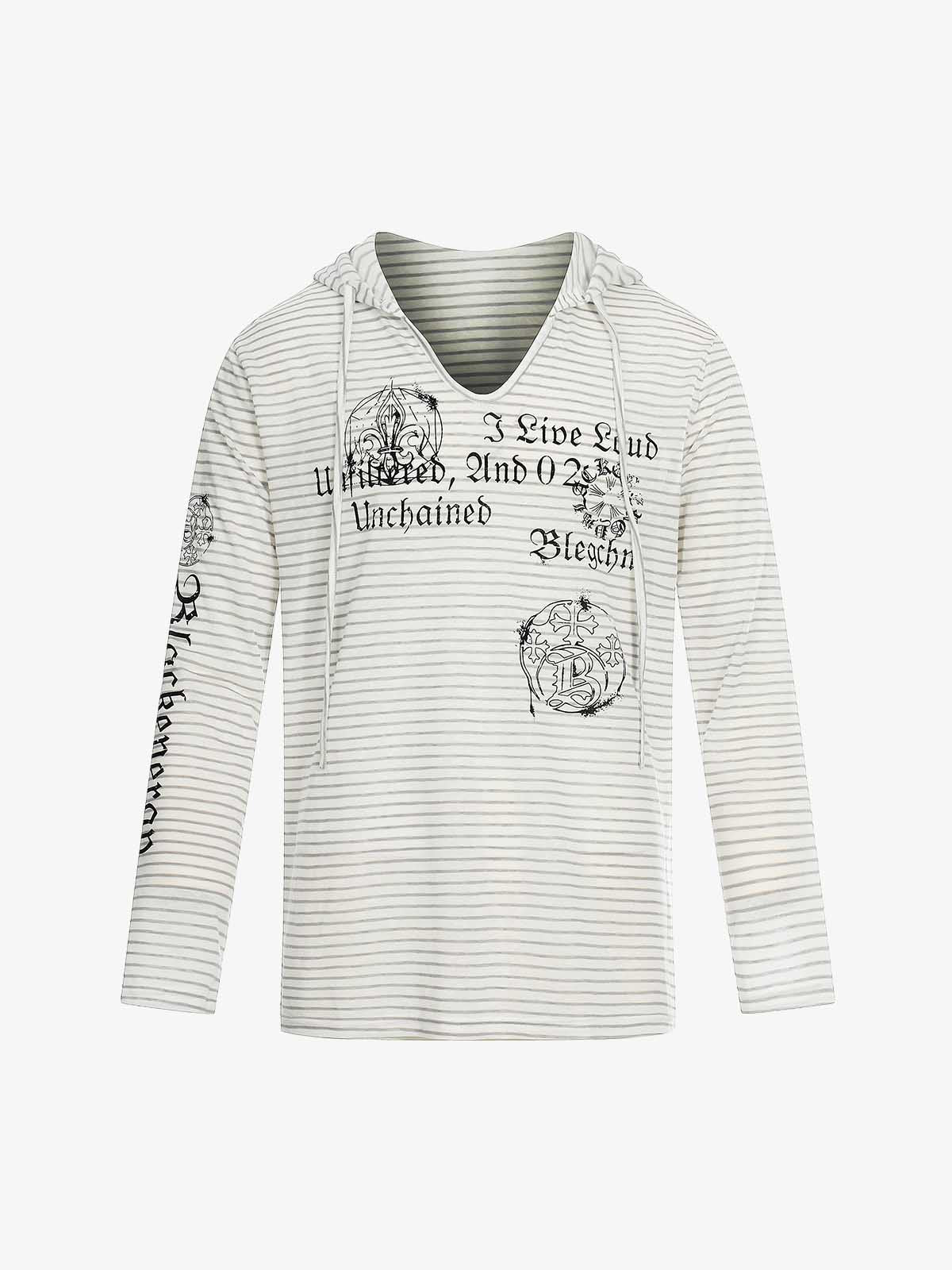 Graphic Print and V-Neck Striped Long Sleeve Hooded T-Shirt
