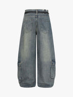 Braided Drawstring Waist Patchwork Cargo Jeans