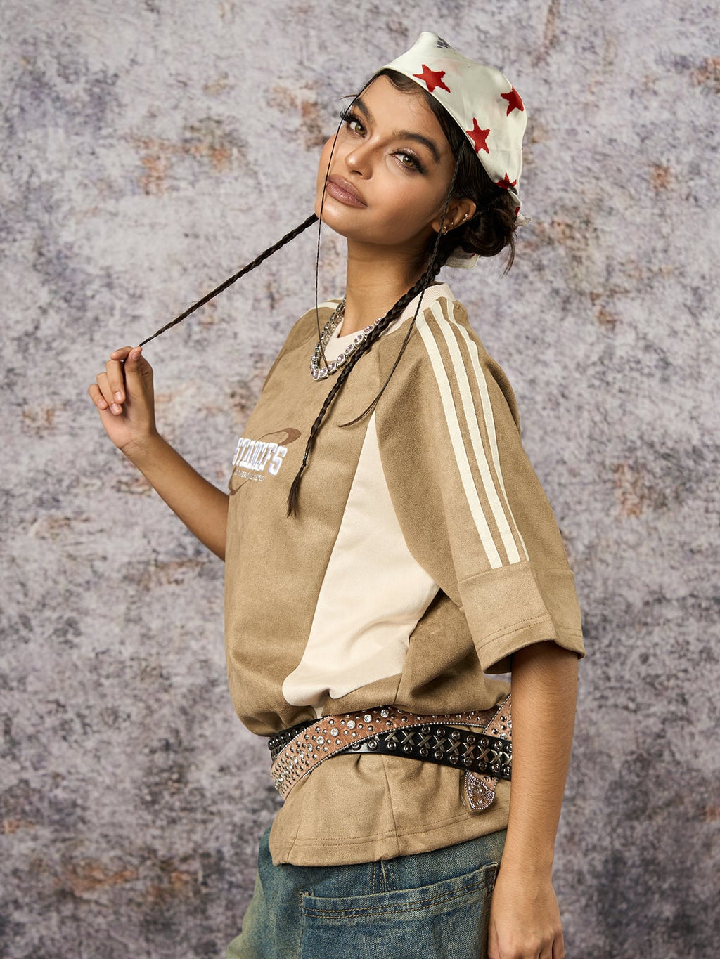 Suede Contrast Color Spliced Letter Embroidery Oversize T-shirt - 2462