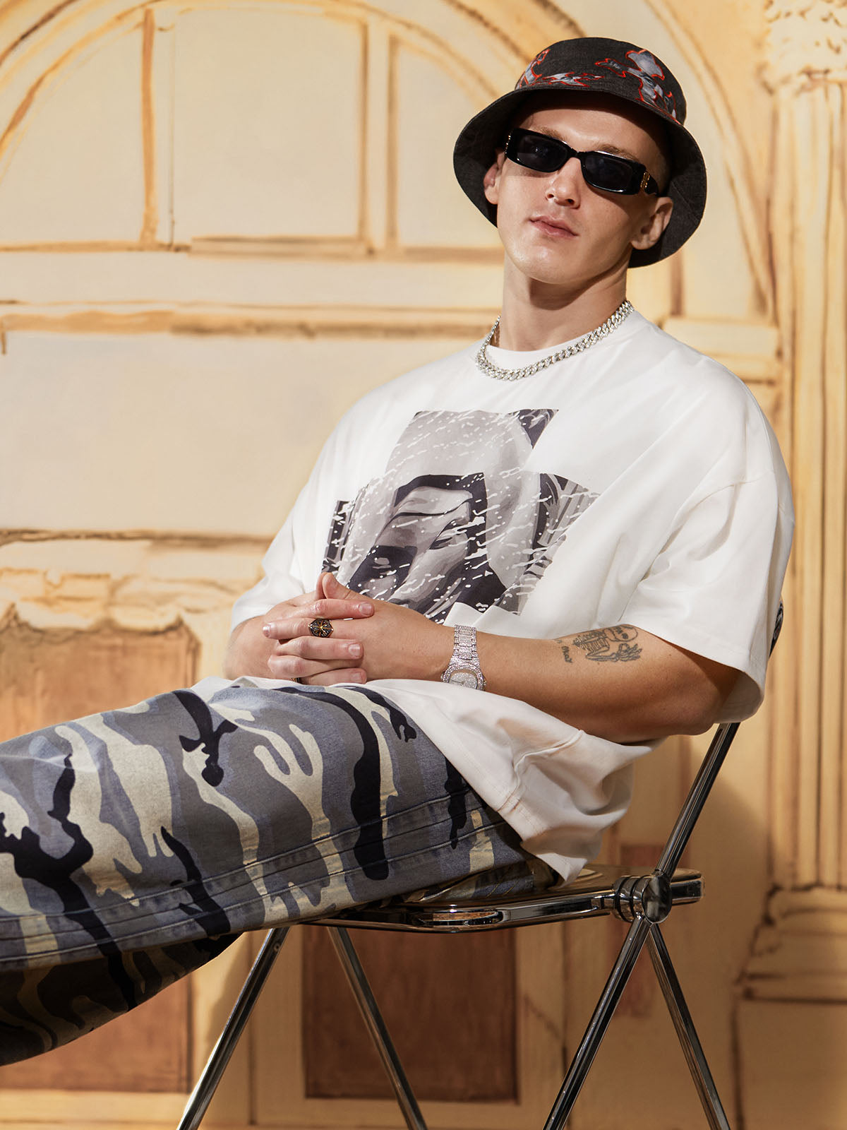 Cross And Portrait Denim Bucket Hat