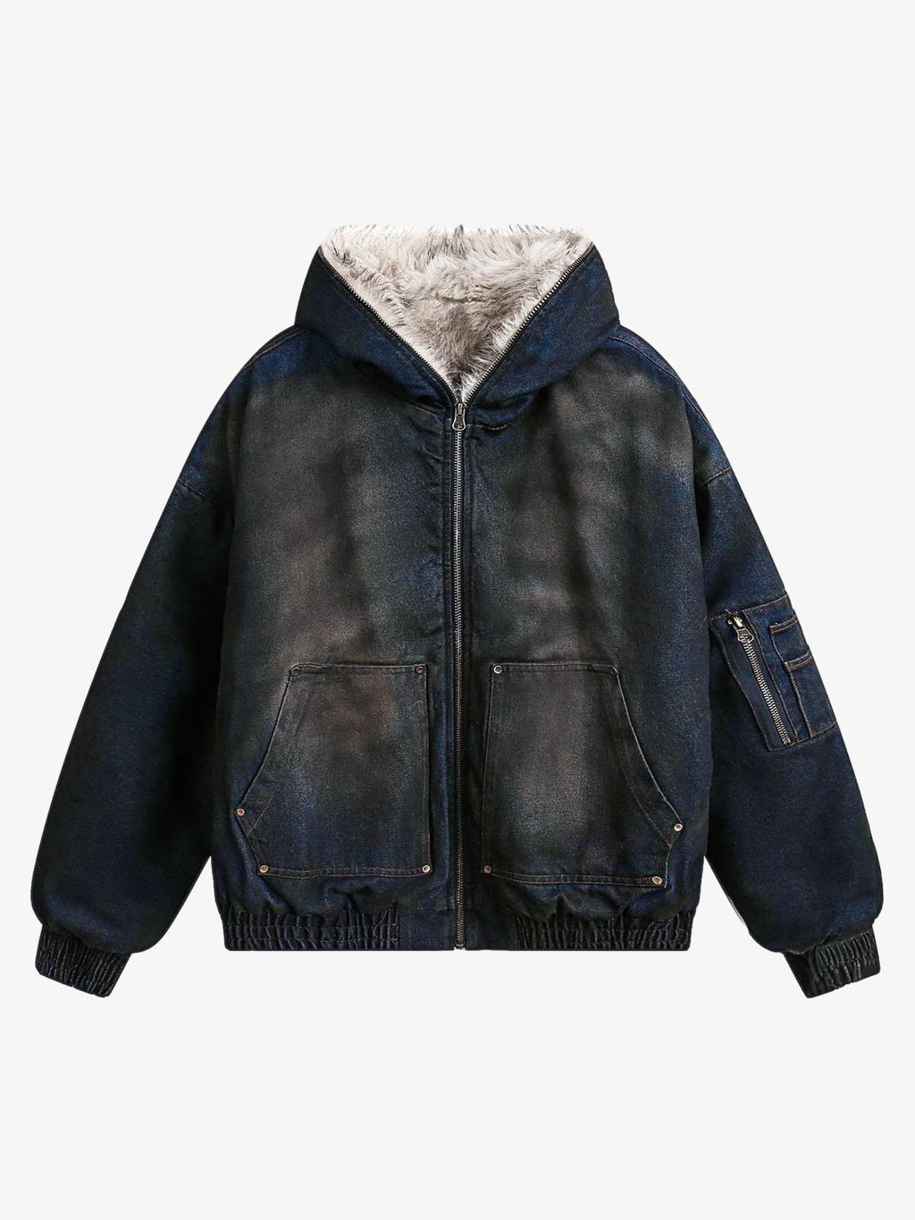 Cotton Washed Fur Hooded Jacket - 2265