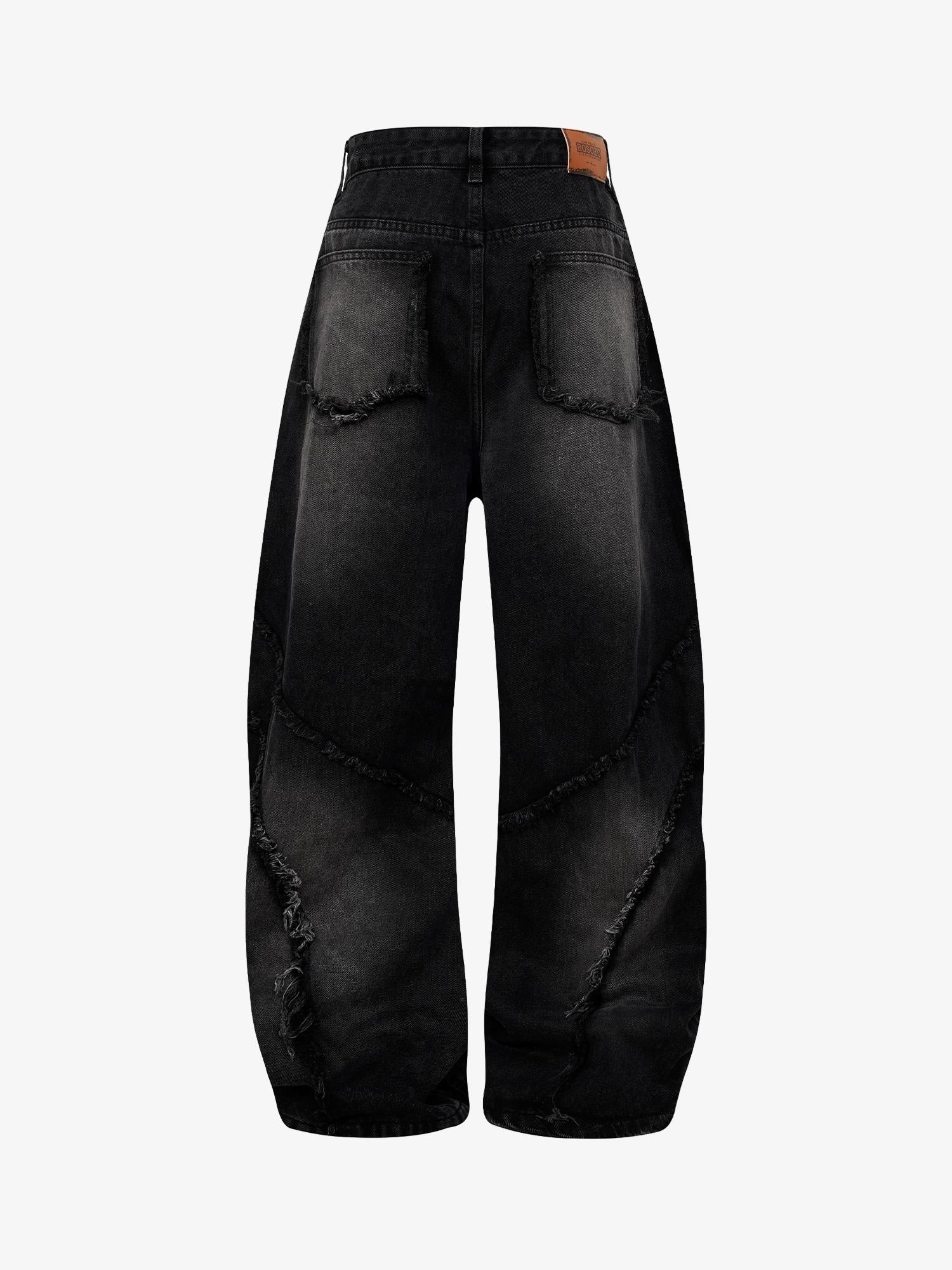 Washed Distressed Raw Edge Barrel Jeans - 2402