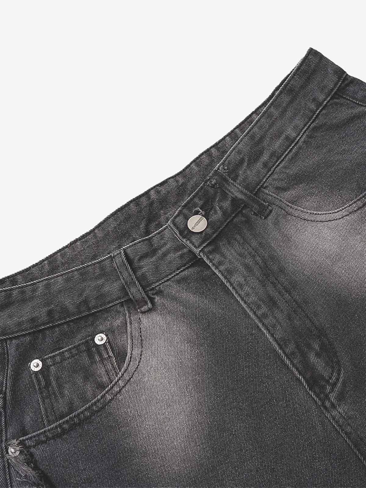 Washed Distressed Raw Edge Barrel Jeans - 2402